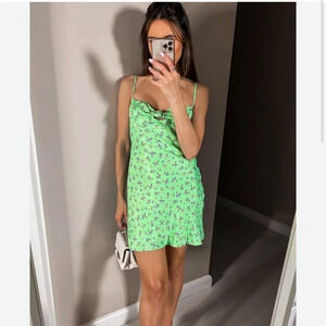 Zara Floral Satin Effect Knot Front Bustier Mini Dress Green Size Medium